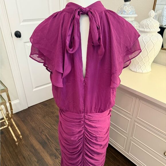 Mila Mae Plum Ruched Chiffon Maxi Dress Flutter Sleeves Lined Flowy Dress-EE9 - Picture 8 of 10